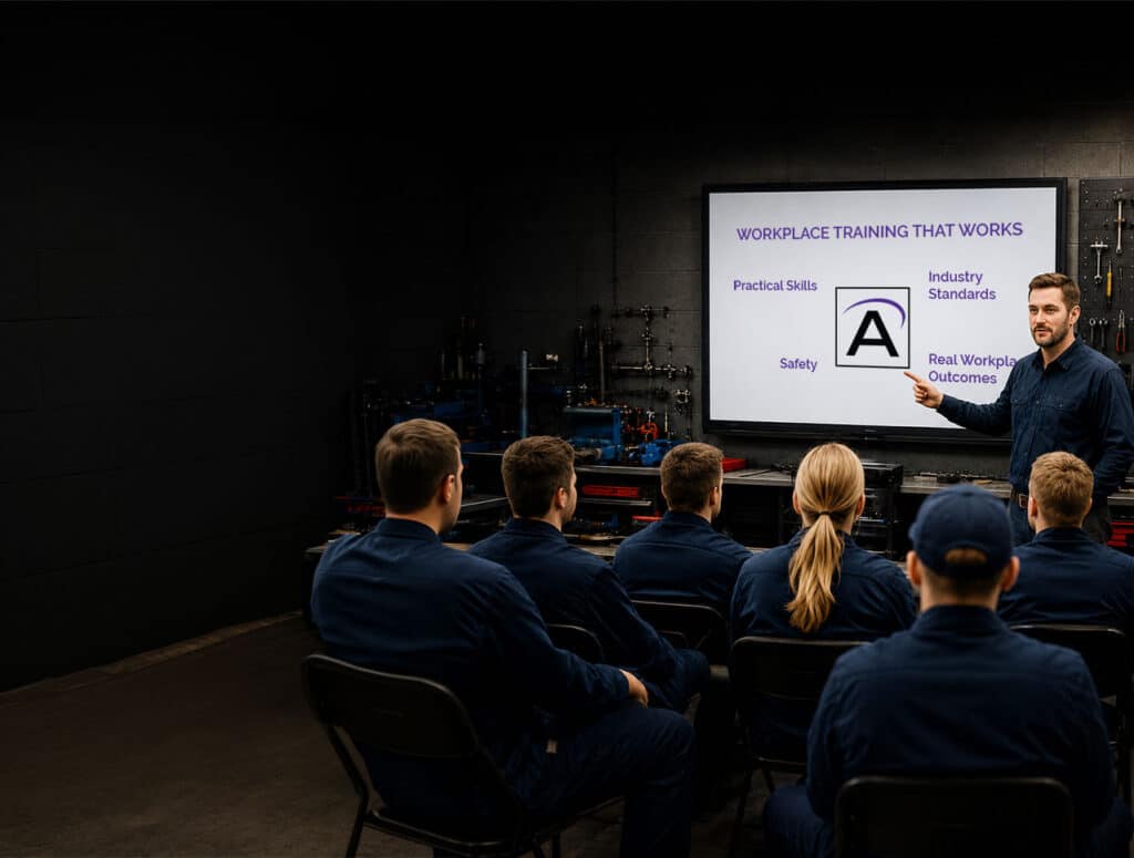 Trainer Presenting a Slide Titled workplace Training That Works to a Group in Dark Blue Coveralls in a Workshop Room with Tools in the Background