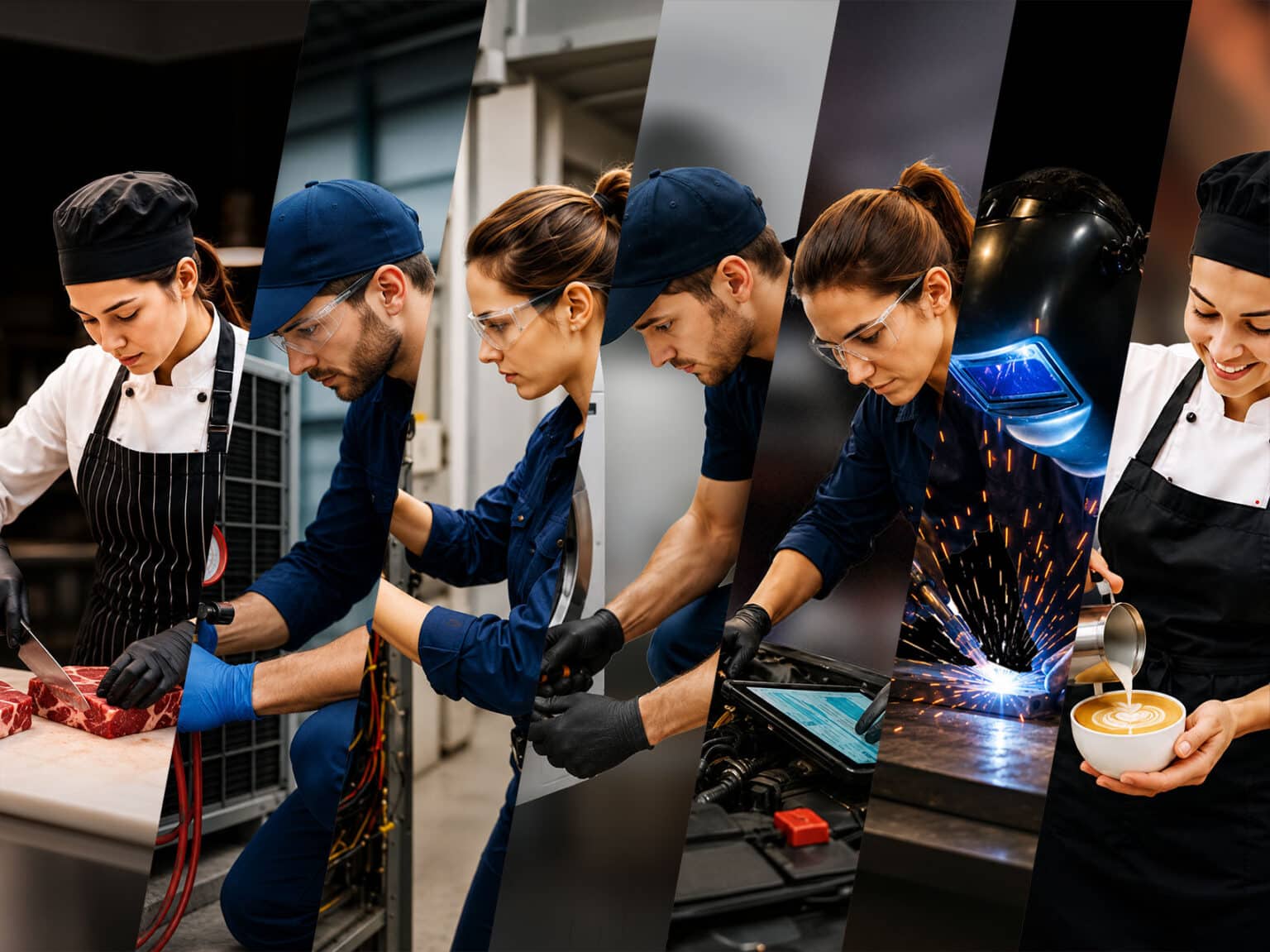 Collage of Diverse Professionals in Various Tradeschef Technician Mechanic Welder and Barista Serving Coffee or Beverage